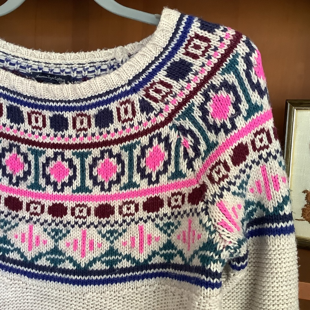 American Eagle Fair Isle Sweater Cream Multicolour Pullover Knit Size M - Picture 3 of 9